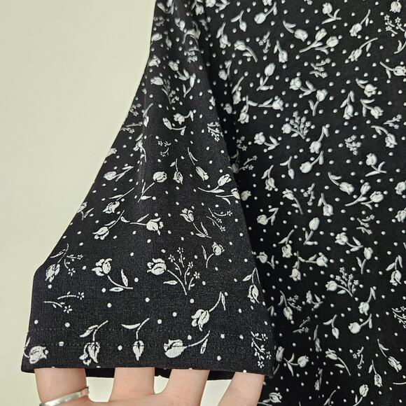 Vtg Floral Rose Print Blouse Womens PL Black White Whimsigoth Witchy Boho Y2K - Picture 3 of 8